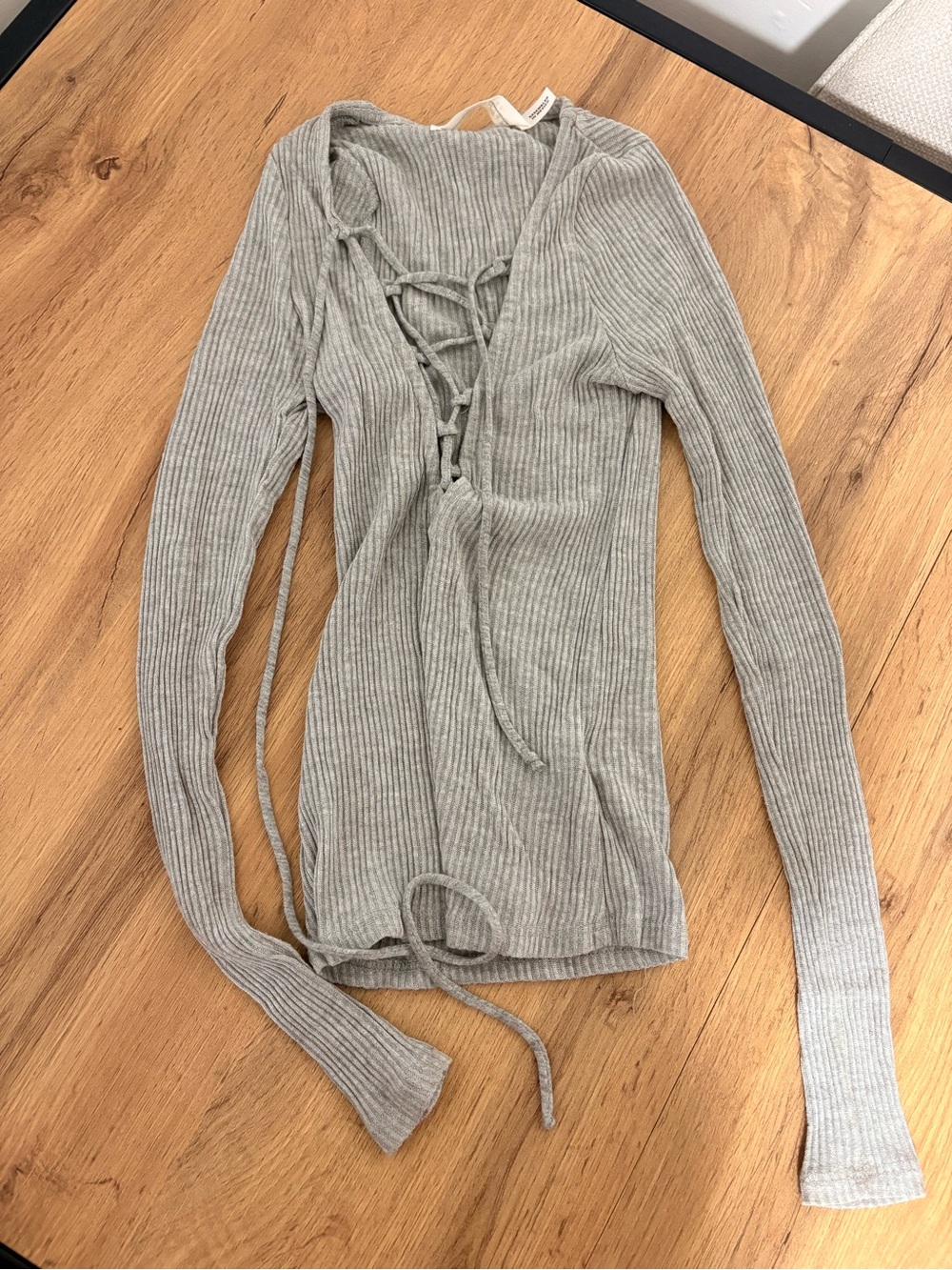 Urban Outfitters Project Social T Ribbed Lace-Up Long Sleeve Top - Light Gray